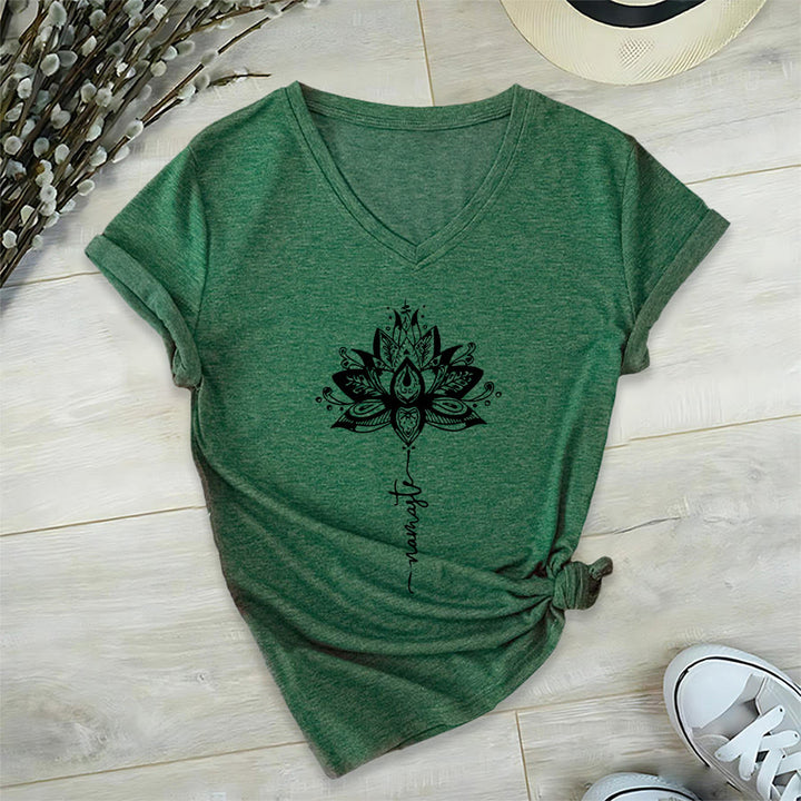 Olivenorma Intricate Lotus Mandala With Namaste Design V-Neck T-Shirt - Dark Green - 2XL - image 21
