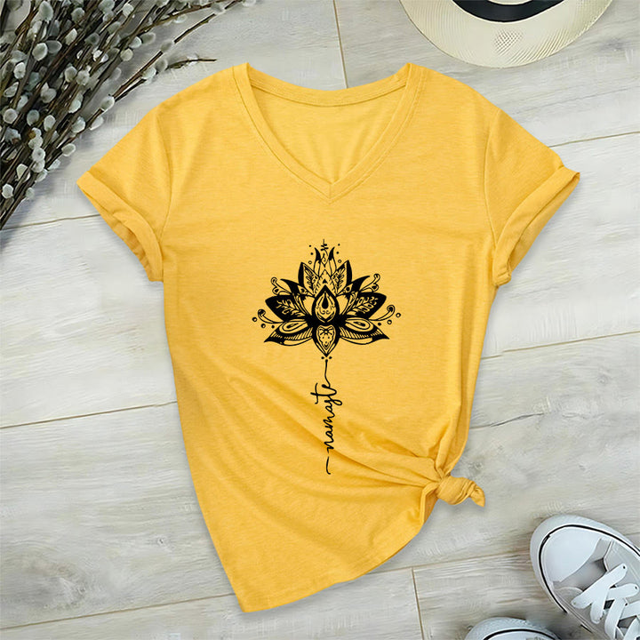 Olivenorma Intricate Lotus Mandala With Namaste Design V-Neck T-Shirt - Yellow - 2XL - image 30