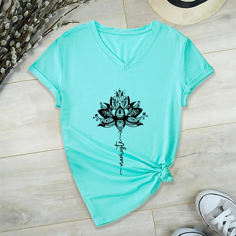 Olivenorma Intricate Lotus Mandala With Namaste Design V-Neck T-Shirt - Lake Blue - 2XL - image 9