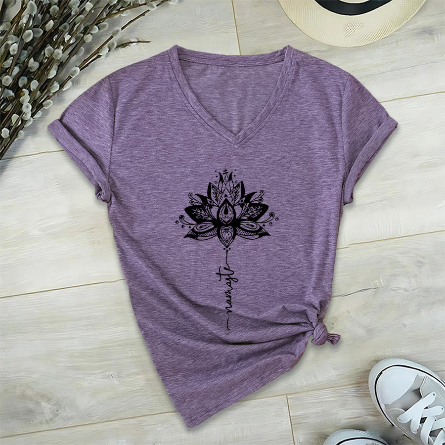 Olivenorma Intricate Lotus Mandala With Namaste Design V-Neck T-Shirt - Purple - 2XL - image 36