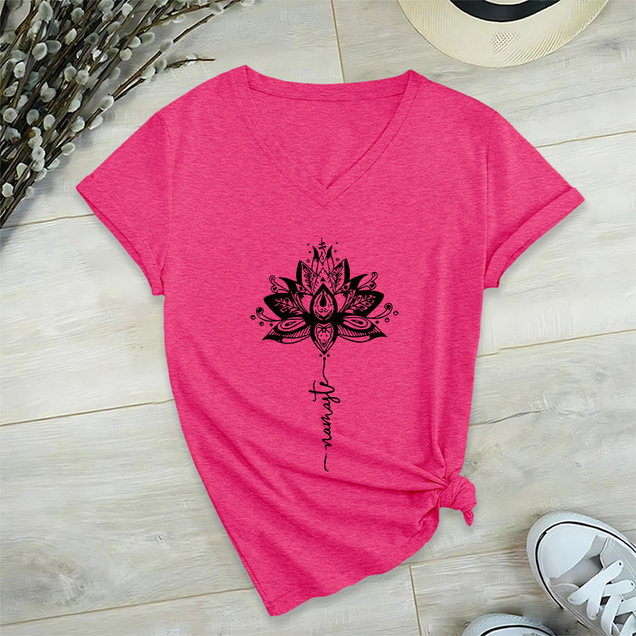 Olivenorma Intricate Lotus Mandala With Namaste Design V-Neck T-Shirt - Rose Red - 2XL - image 33