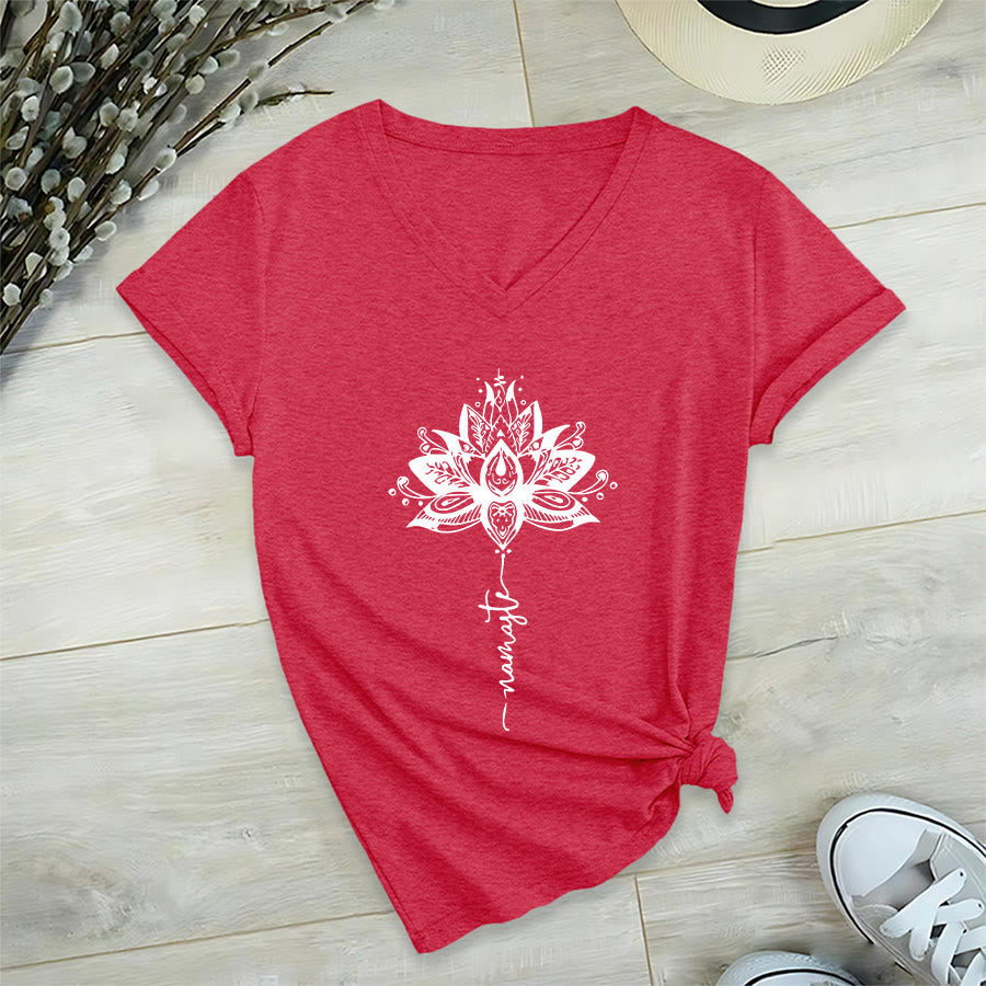Olivenorma Intricate Lotus Mandala With Namaste Design V-Neck T-Shirt - Red - 2XL - image 27