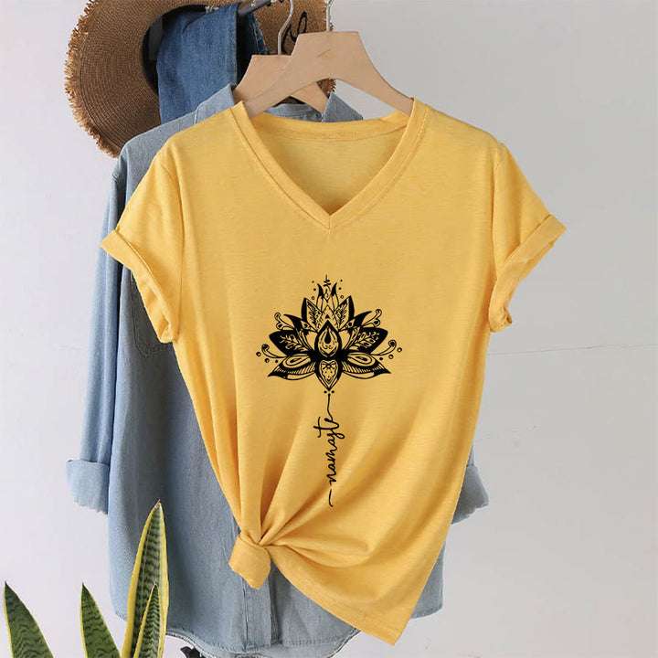 Olivenorma Intricate Lotus Mandala With Namaste Design V-Neck T-Shirt - image 31