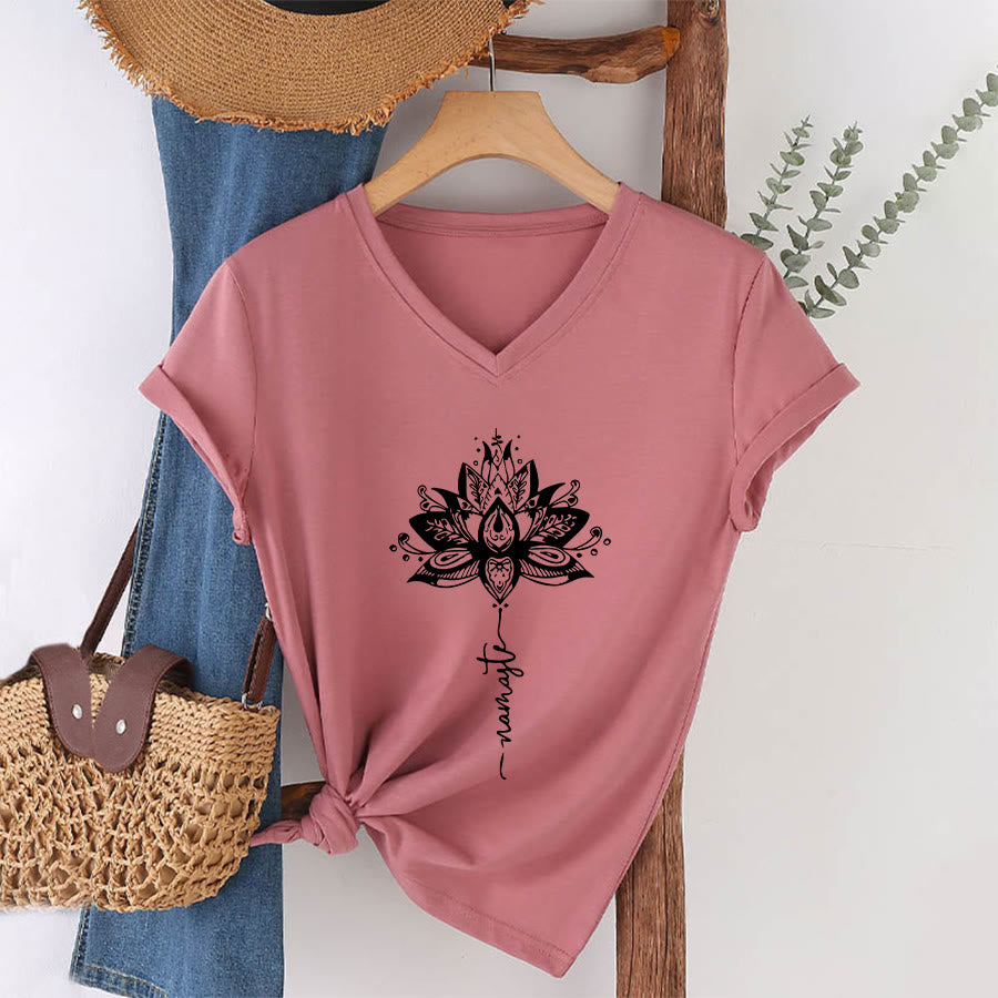 Olivenorma Intricate Lotus Mandala With Namaste Design V-Neck T-Shirt - image 7