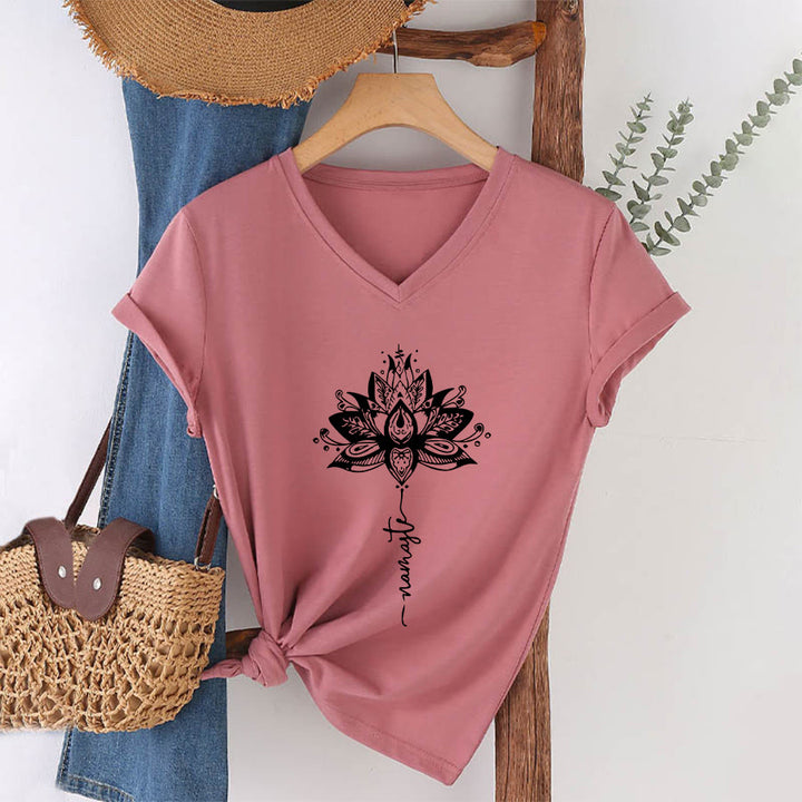 Olivenorma Intricate Lotus Mandala With Namaste Design V-Neck T-Shirt - image 7