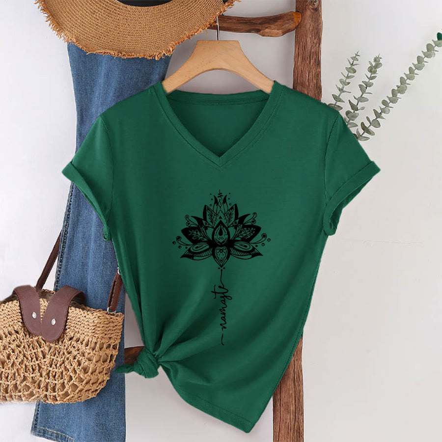 Olivenorma Intricate Lotus Mandala With Namaste Design V-Neck T-Shirt - image 22