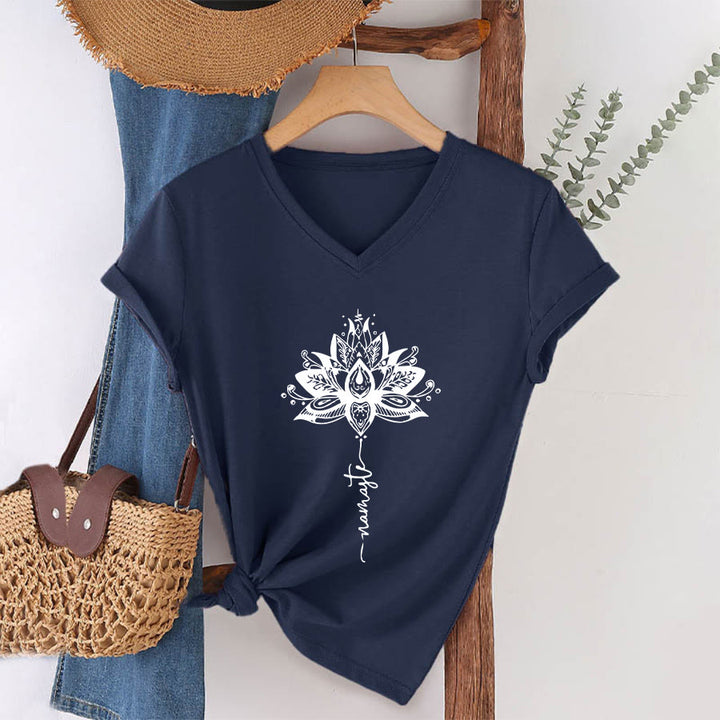 Olivenorma Intricate Lotus Mandala With Namaste Design V-Neck T-Shirt - image 19