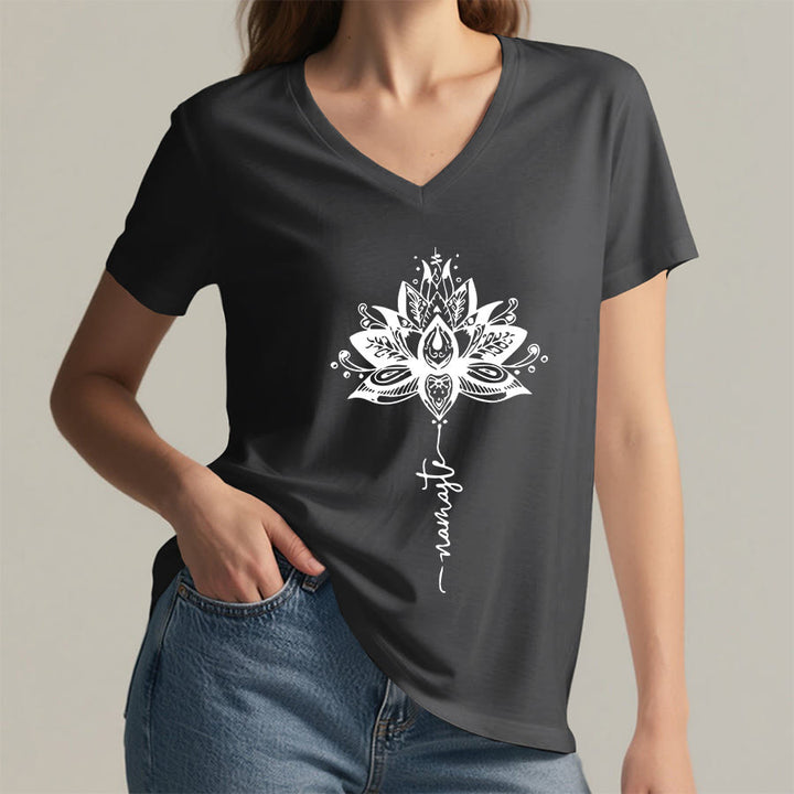 Olivenorma Intricate Lotus Mandala With Namaste Design V-Neck T-Shirt - image 2