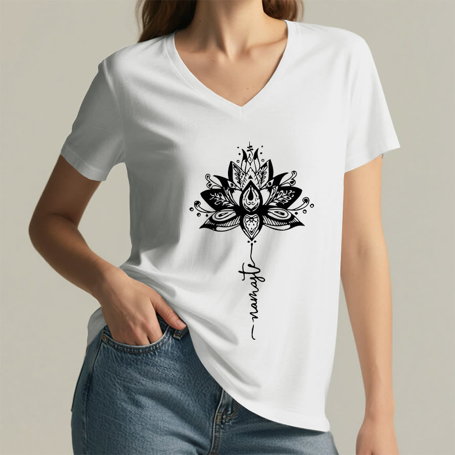 Olivenorma Intricate Lotus Mandala With Namaste Design V-Neck T-Shirt - image 17