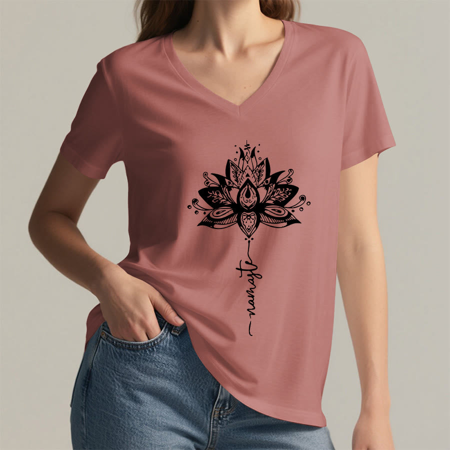 Olivenorma Intricate Lotus Mandala With Namaste Design V-Neck T-Shirt - image 8