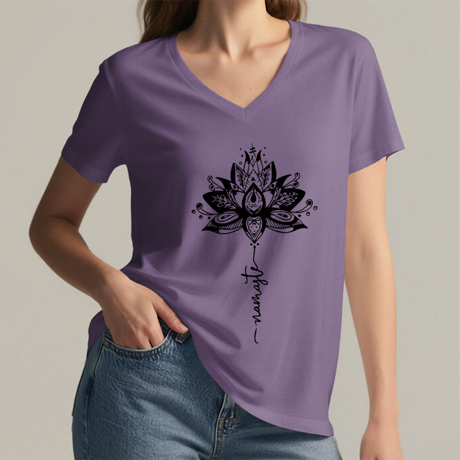 Olivenorma Intricate Lotus Mandala With Namaste Design V-Neck T-Shirt - image 38
