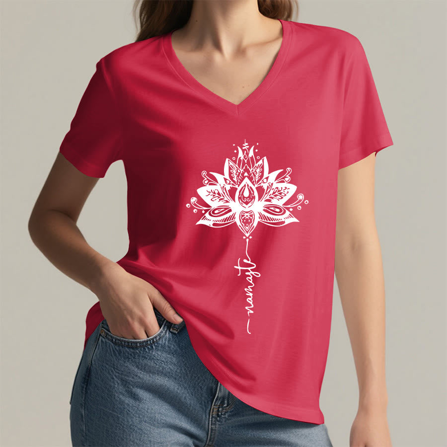 Olivenorma Intricate Lotus Mandala With Namaste Design V-Neck T-Shirt - image 29
