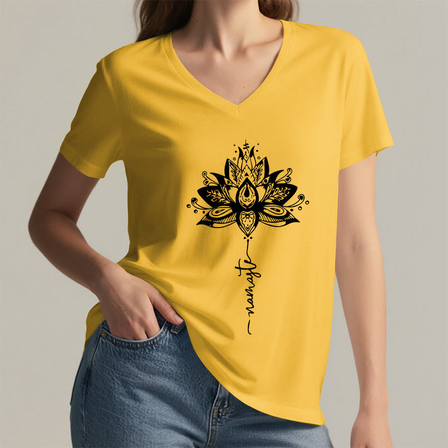 Olivenorma Intricate Lotus Mandala With Namaste Design V-Neck T-Shirt - image 32