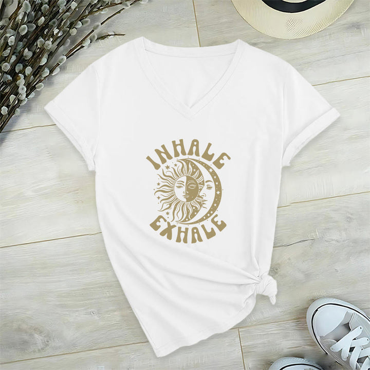 Olivenorma Boho Sun Moon "Inhale Exhale" Graphic V-Neck T-Shirt - White - 2XL - image 18