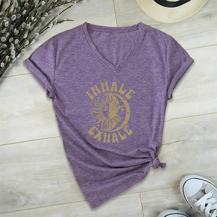Olivenorma Boho Sun Moon "Inhale Exhale" Graphic V-Neck T-Shirt - Purple - 2XL - image 36