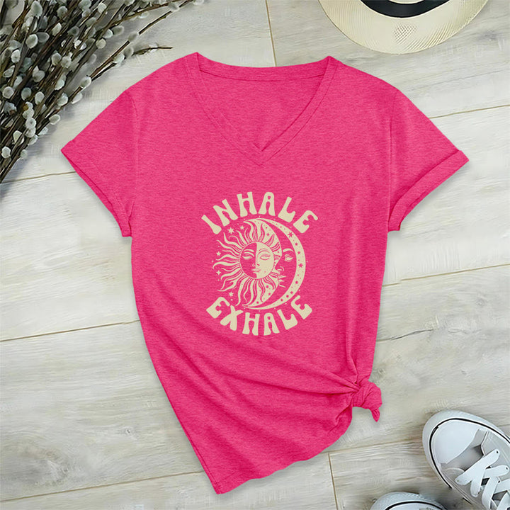 Olivenorma Boho Sun Moon "Inhale Exhale" Graphic V-Neck T-Shirt - Rose Red - 2XL - image 33
