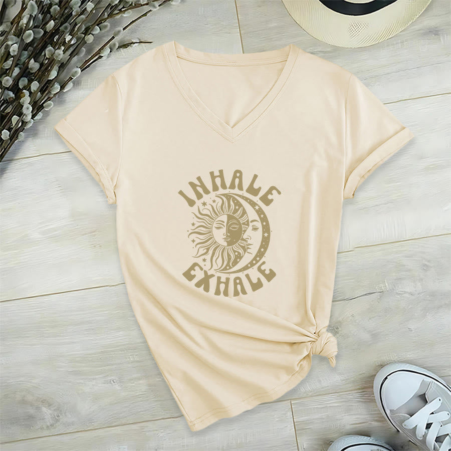 Olivenorma Boho Sun Moon "Inhale Exhale" Graphic V-Neck T-Shirt - Khaki - 2XL - image 3