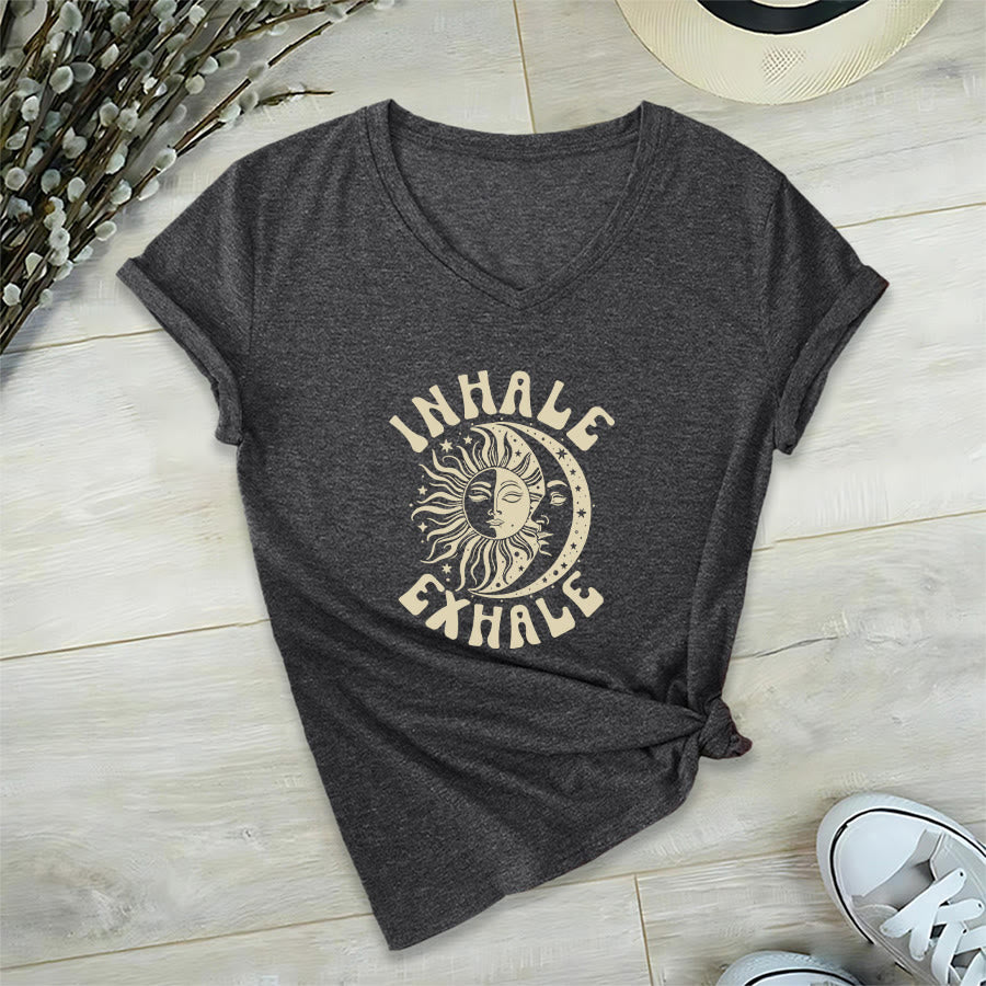 Olivenorma Boho Sun Moon "Inhale Exhale" Graphic V-Neck T-Shirt - Gray - 2XL - image 15