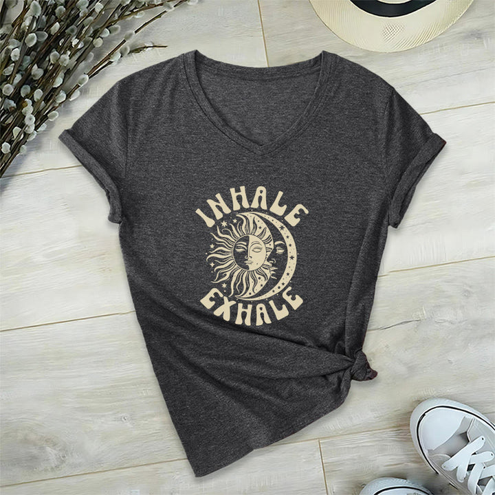 Olivenorma Boho Sun Moon "Inhale Exhale" Graphic V-Neck T-Shirt - Gray - 2XL - image 15
