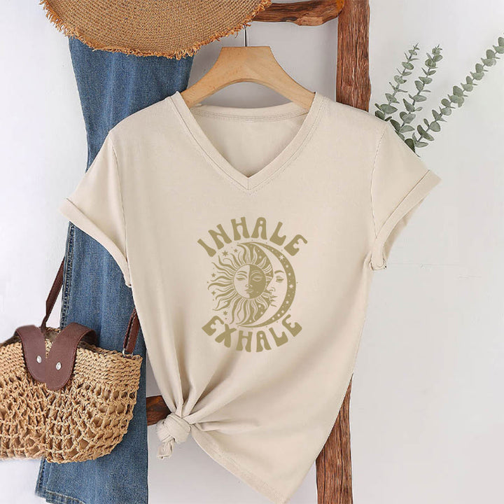 Olivenorma Boho Sun Moon "Inhale Exhale" Graphic V-Neck T-Shirt - image 4
