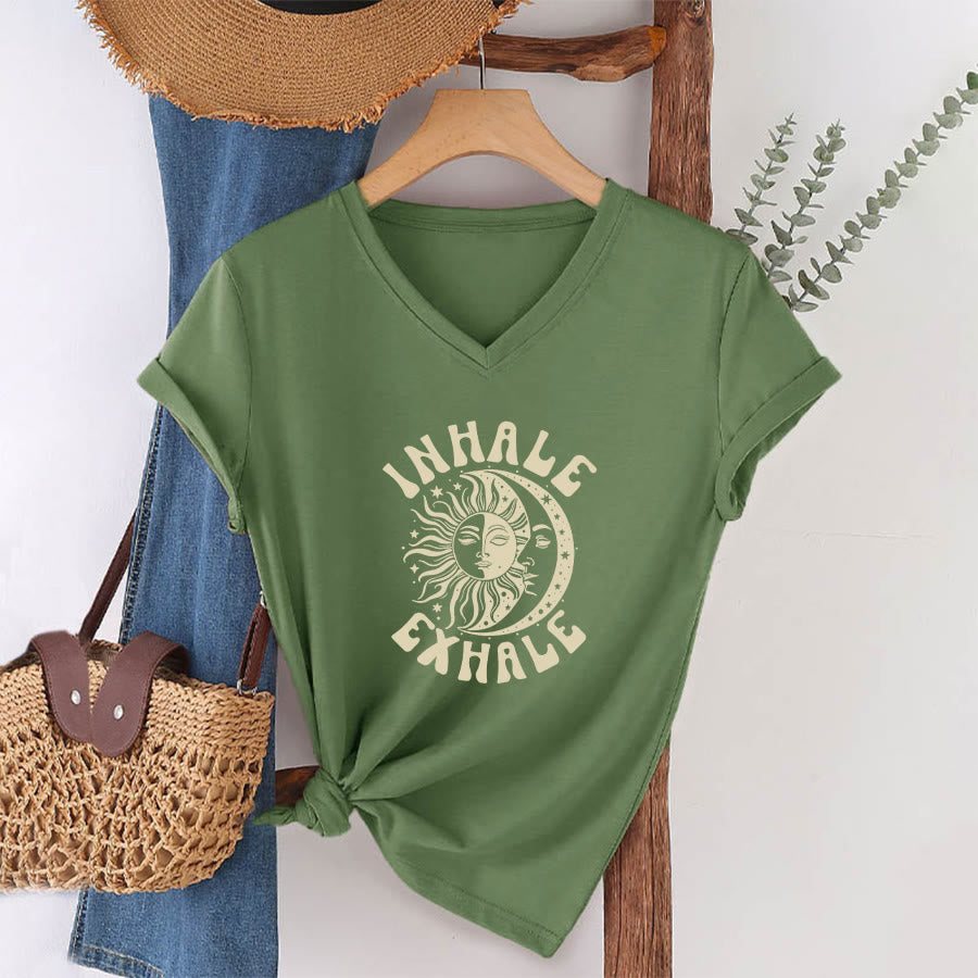 Olivenorma Boho Sun Moon "Inhale Exhale" Graphic V-Neck T-Shirt - image 1