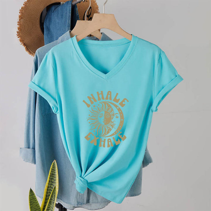 Olivenorma Boho Sun Moon "Inhale Exhale" Graphic V-Neck T-Shirt - image 10