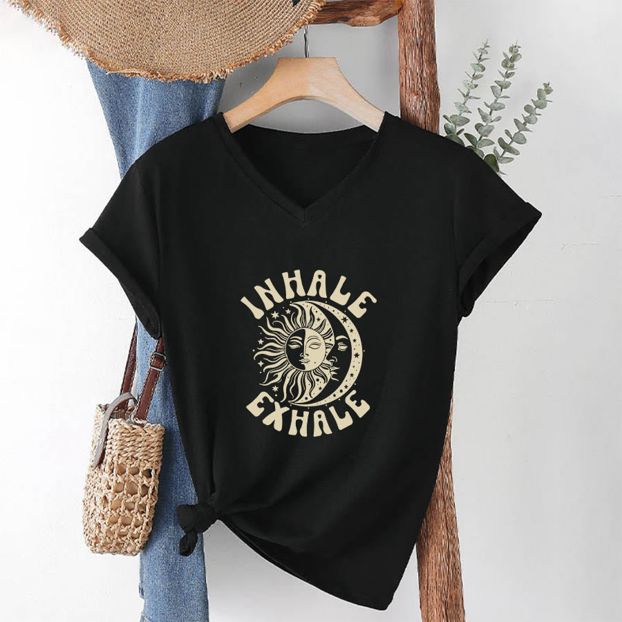 Olivenorma Boho Sun Moon "Inhale Exhale" Graphic V-Neck T-Shirt - image 13