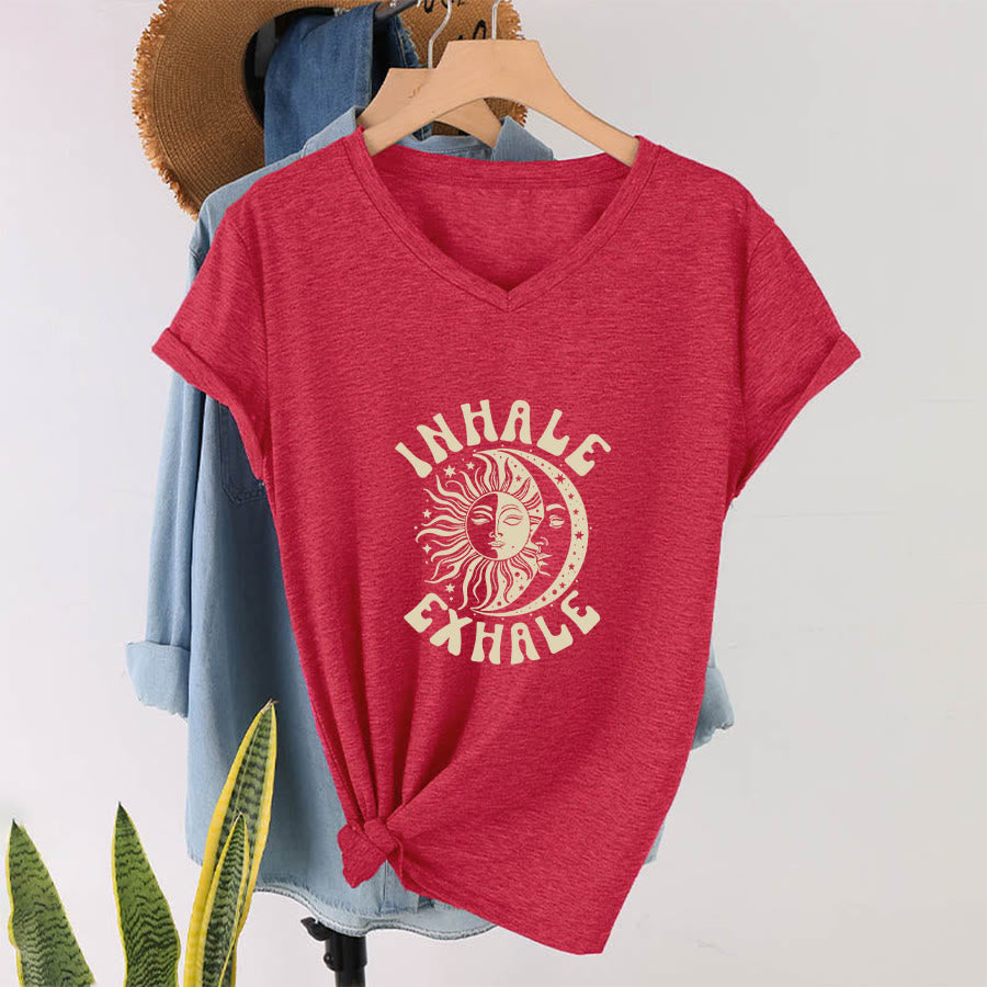 Olivenorma Boho Sun Moon "Inhale Exhale" Graphic V-Neck T-Shirt - image 28