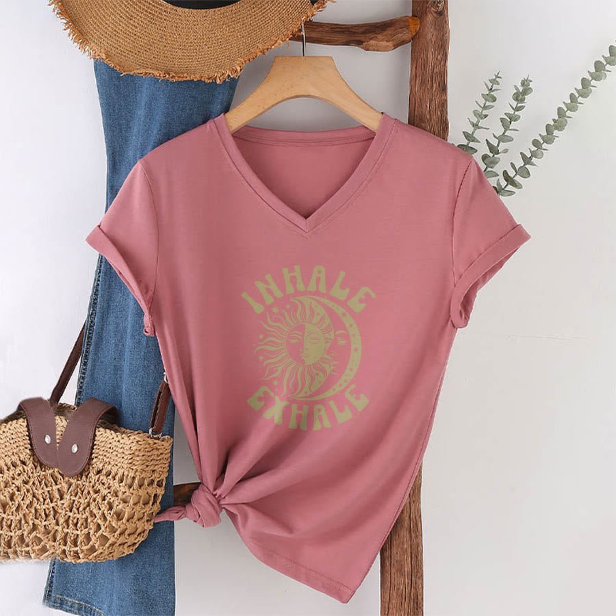 Olivenorma Boho Sun Moon "Inhale Exhale" Graphic V-Neck T-Shirt - image 7