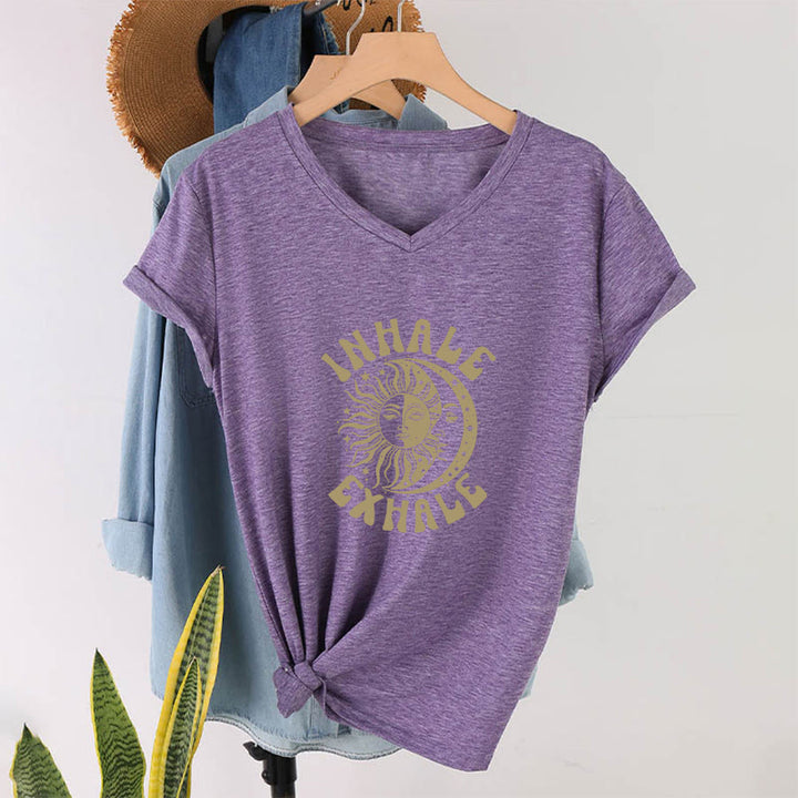 Olivenorma Boho Sun Moon "Inhale Exhale" Graphic V-Neck T-Shirt - image 37