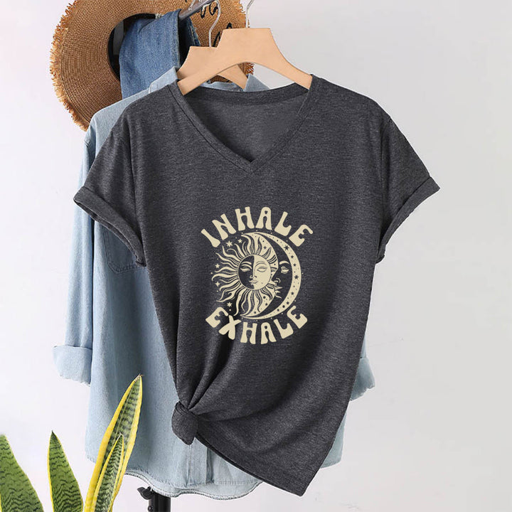 Olivenorma Boho Sun Moon "Inhale Exhale" Graphic V-Neck T-Shirt - image 16