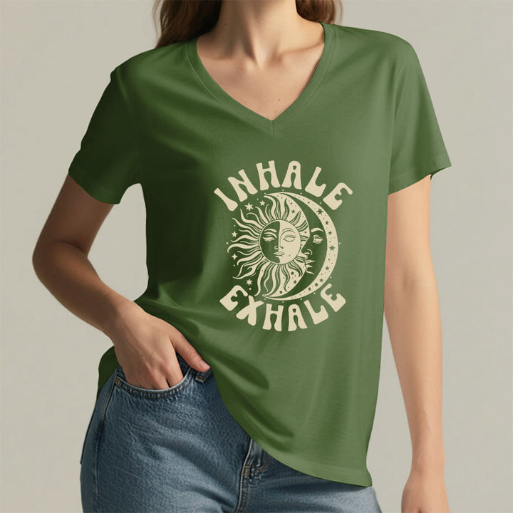 Olivenorma Boho Sun Moon "Inhale Exhale" Graphic V-Neck T-Shirt - image 2