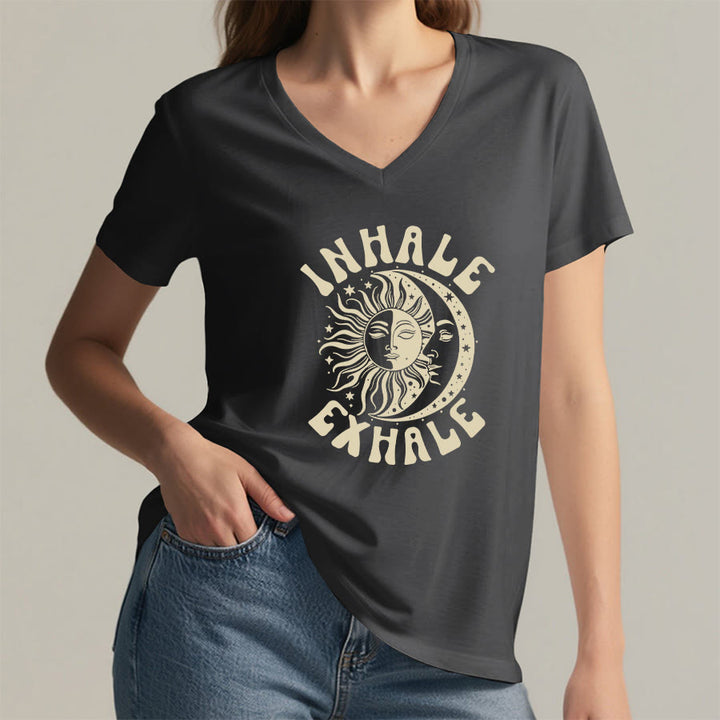 Olivenorma Boho Sun Moon "Inhale Exhale" Graphic V-Neck T-Shirt - image 17