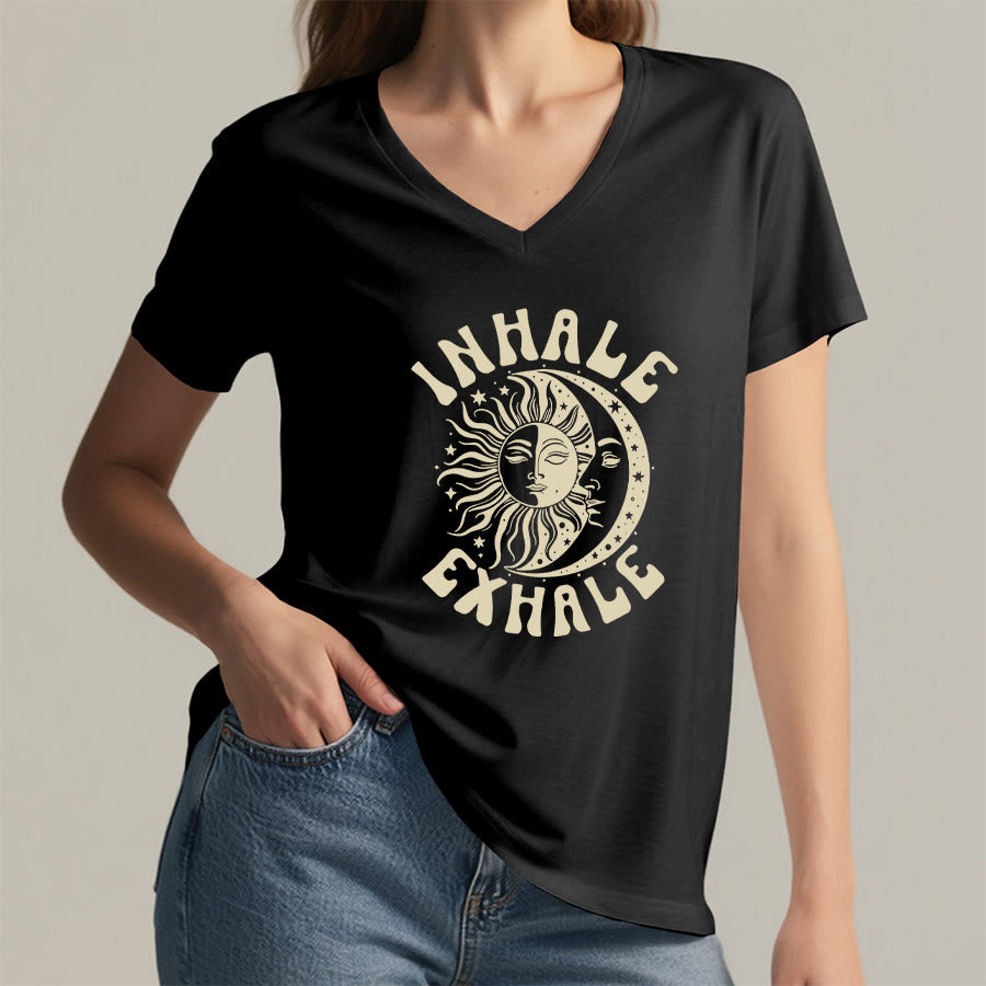 Olivenorma Boho Sun Moon "Inhale Exhale" Graphic V-Neck T-Shirt - image 14