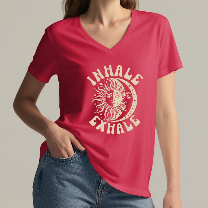 Olivenorma Boho Sun Moon "Inhale Exhale" Graphic V-Neck T-Shirt - image 29