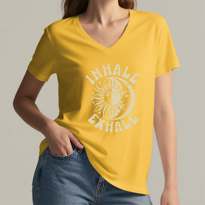 Olivenorma Boho Sun Moon "Inhale Exhale" Graphic V-Neck T-Shirt - image 32