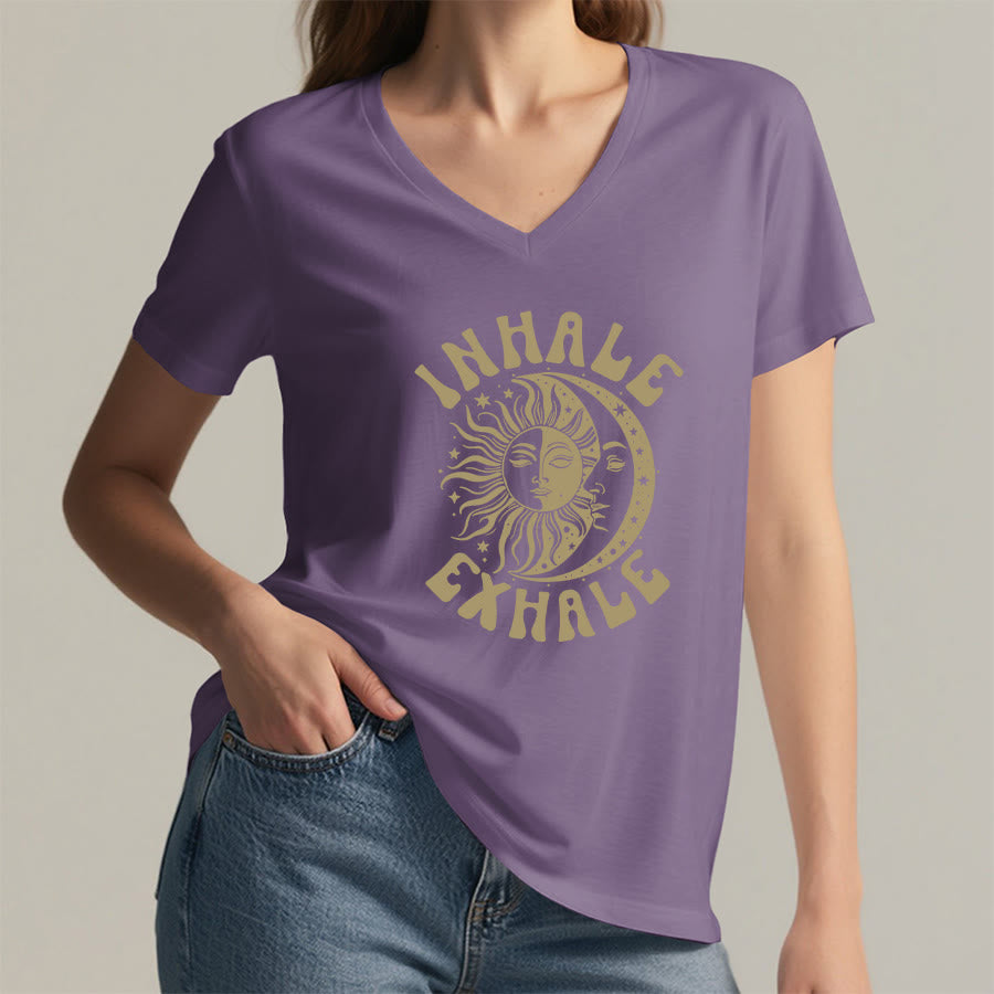 Olivenorma Boho Sun Moon "Inhale Exhale" Graphic V-Neck T-Shirt - image 38