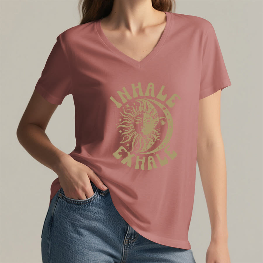 Olivenorma Boho Sun Moon "Inhale Exhale" Graphic V-Neck T-Shirt - image 8