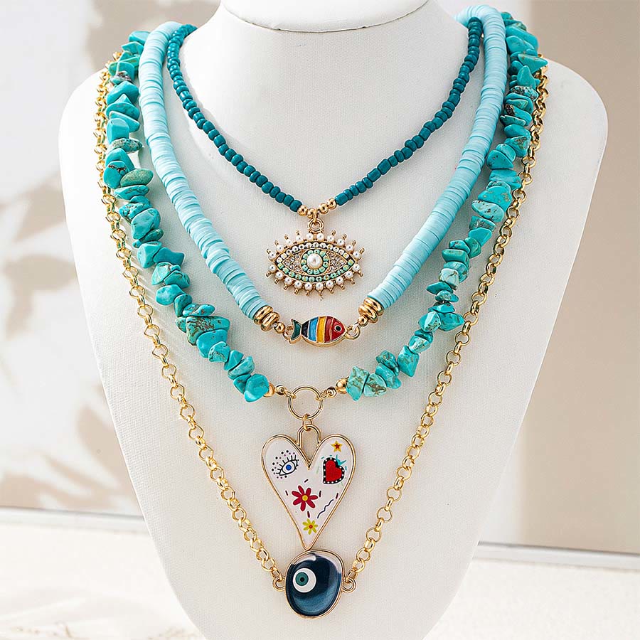 Olivenorma Boho Multi Strand Turquoise Heishi Chip Bead Layered Necklace - image 3