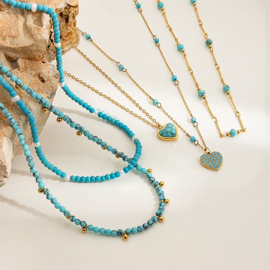 Olivenorma Boho Stacked Turquoise Bead Heart Charm Necklace - image 2