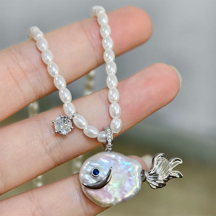Olivenorma Baroque Pearl Fish Pendant Rice Pearl Beaded Single Strand Necklace - Long Tail&Pearl - image 1