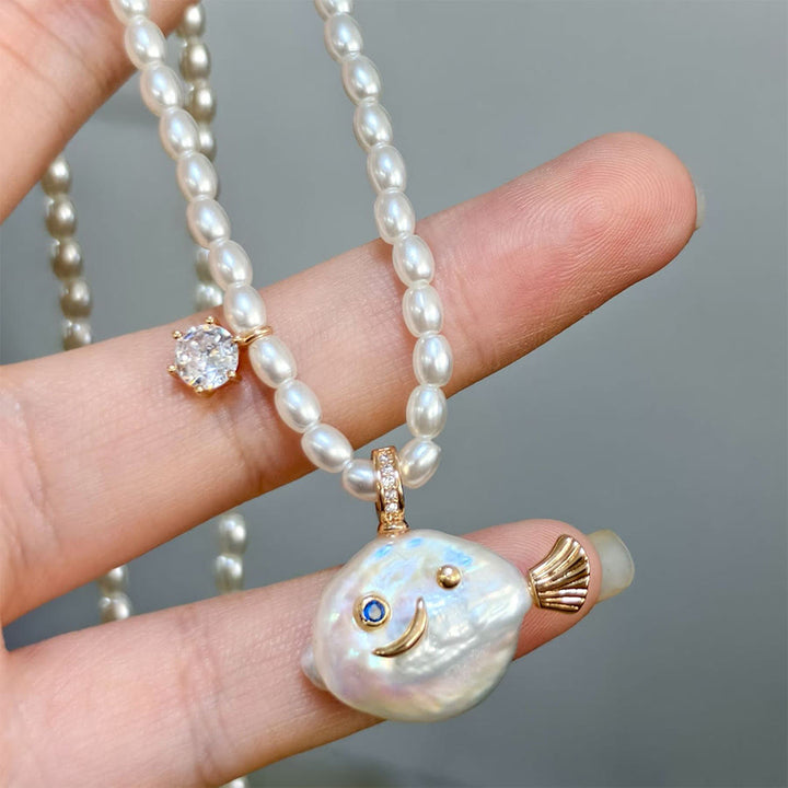 Olivenorma Baroque Pearl Fish Pendant Rice Pearl Beaded Single Strand Necklace - Short Tail&Pearl - image 3