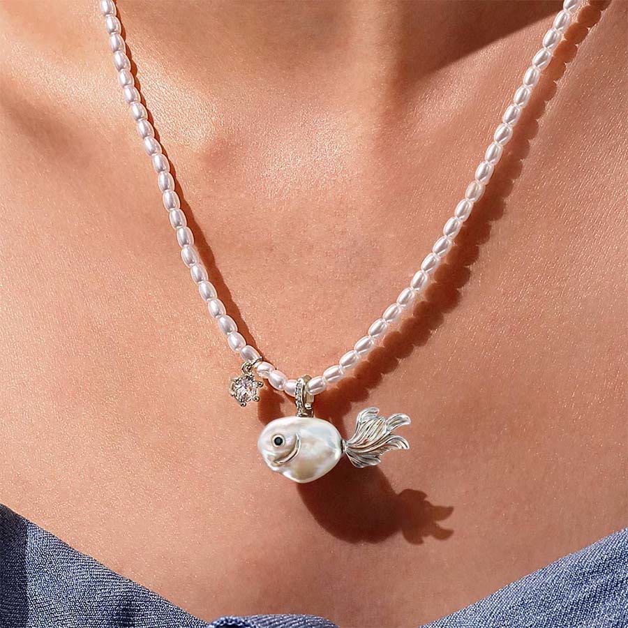 Olivenorma Baroque Pearl Fish Pendant Rice Pearl Beaded Single Strand Necklace - image 0