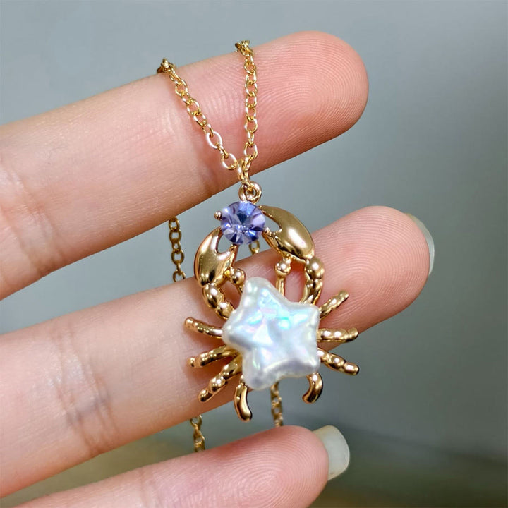 Olivenorma Baroque Pearl Fish Pendant Rice Pearl Beaded Single Strand Necklace - Gold Purple Zircon Crab&Pearl - image 7