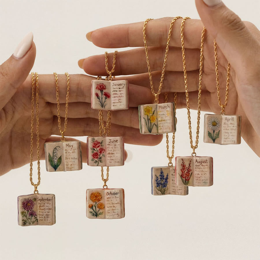 Olivenorma 12 Months Birth Flower Mini Open Book Pendant Necklace  - image 1