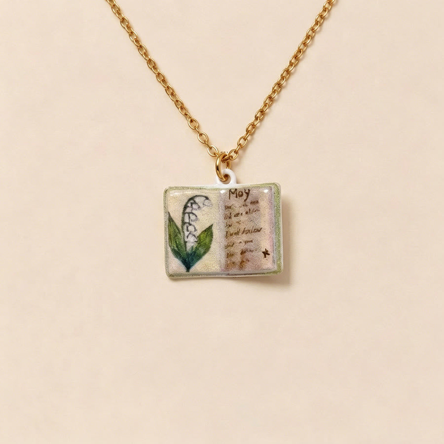 Olivenorma 12 Months Birth Flower Mini Open Book Pendant Necklace  - May&LilyOfValley - image 8