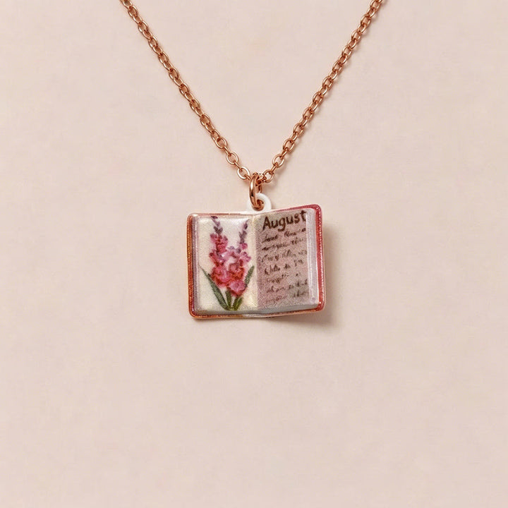 Olivenorma 12 Months Birth Flower Mini Open Book Pendant Necklace  - Aug&Gladiolus - image 11