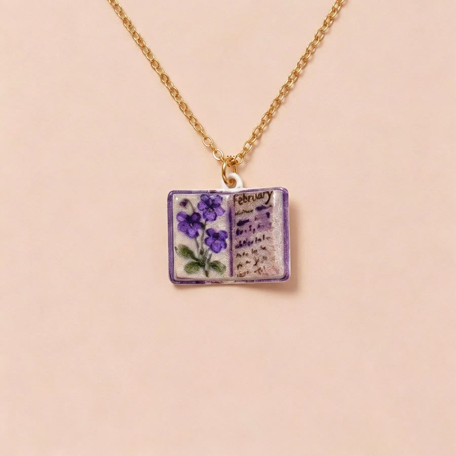 Olivenorma 12 Months Birth Flower Mini Open Book Pendant Necklace  - Feb&Violet - image 5