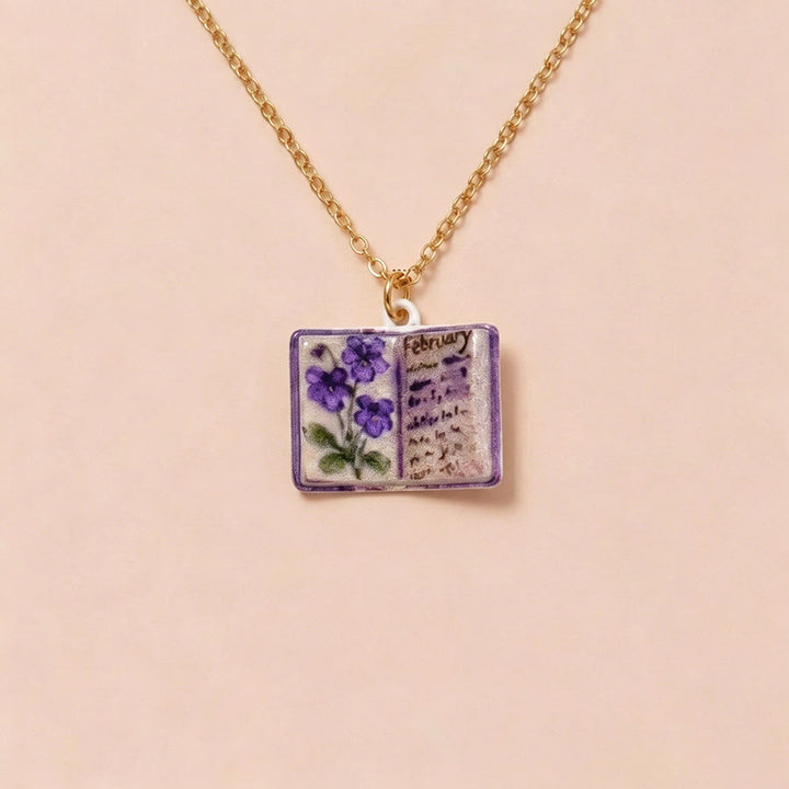 Olivenorma 12 Months Birth Flower Mini Open Book Pendant Necklace  - Feb&Violet - image 5