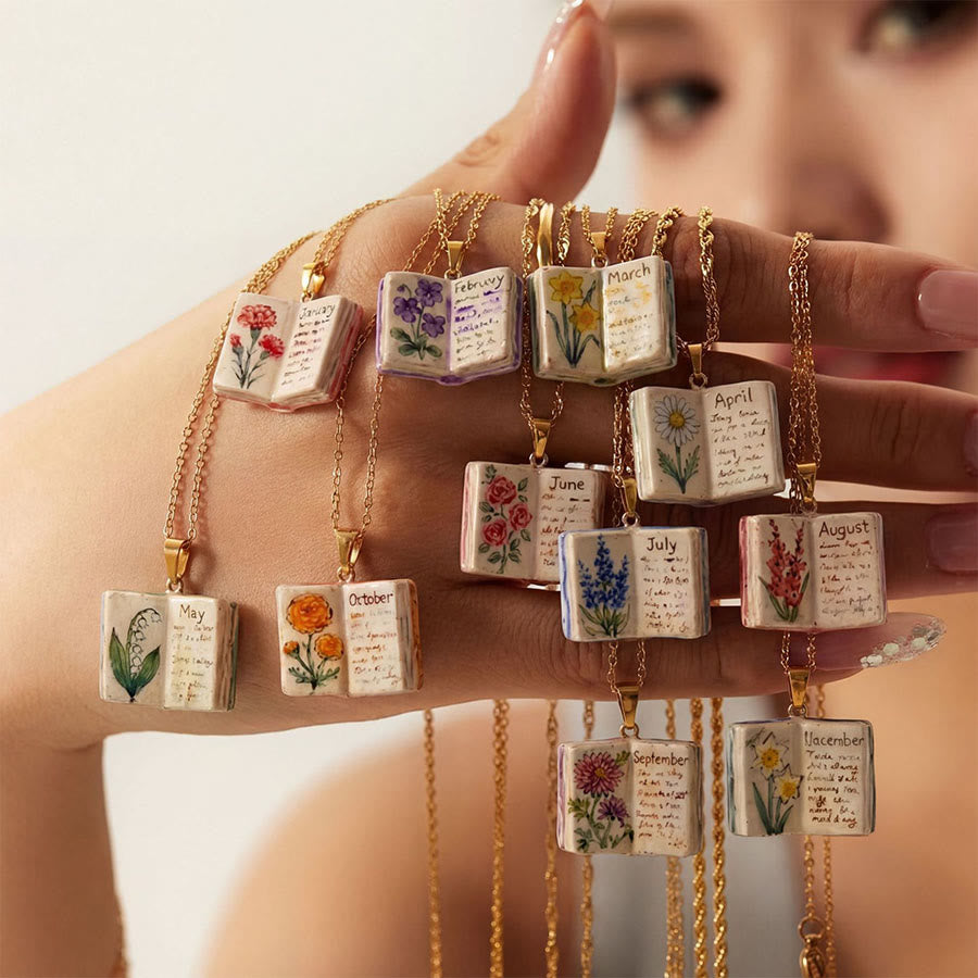 Olivenorma 12 Months Birth Flower Mini Open Book Pendant Necklace  - image 0